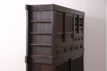 和製アンティーク　ヒノキ材　渋い和の雰囲気を醸し出す、明治大正期の水屋箪笥(重ね箪笥、食器棚、キャビネット、収納棚)(R-048812)