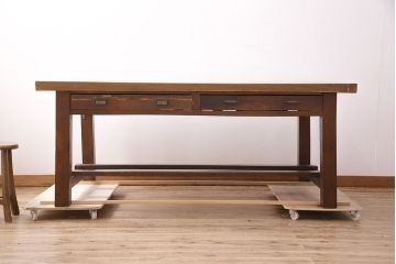 和製アンティーク　特大サイズ　総ケヤキ材　天板極厚!木の味わいが楽しめる引き出し付きの作業台(ダイニングテーブル)(R-048829)