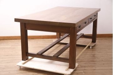 和製アンティーク　特大サイズ　総ケヤキ材　天板極厚!木の味わいが楽しめる引き出し付きの作業台(ダイニングテーブル)(R-048829)