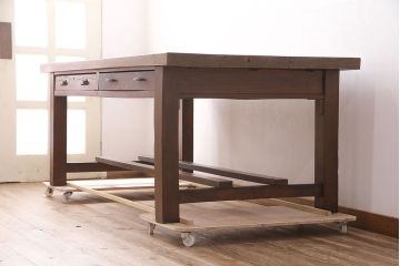 和製アンティーク　特大サイズ　総ケヤキ材　天板極厚!木の味わいが楽しめる引き出し付きの作業台(ダイニングテーブル)(R-048829)