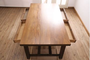 和製アンティーク　特大サイズ　総ケヤキ材　天板極厚!木の味わいが楽しめる引き出し付きの作業台(ダイニングテーブル)(R-048829)