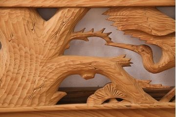 ビンテージ建具　昭和後期　インテリアとしてもおすすめ!躍動感ある彫りが見事な欄間(彫刻欄間、明り取り、建具)(R-048837)