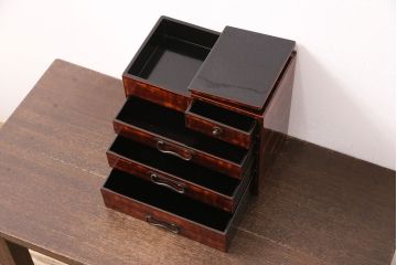和製アンティーク　極美品　工芸家具　総漆塗り　独特の斑模様が目を引く高級品の小引き出し(小物収納、卓上収納、裁縫箱)(R-048839)