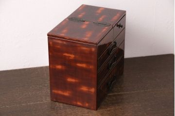 和製アンティーク　極美品　工芸家具　総漆塗り　独特の斑模様が目を引く高級品の小引き出し(小物収納、卓上収納、裁縫箱)(R-048839)