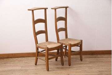 イギリスアンティーク　ビーチ材　編み座面のフレンチチャーチチェア2脚セット(椅子、ダイニングチェア)(R-048852)