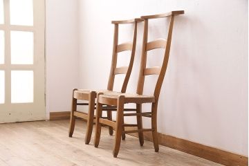 イギリスアンティーク　ビーチ材　編み座面のフレンチチャーチチェア2脚セット(椅子、ダイニングチェア)(R-048853)