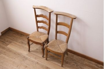 【簡易リペア限定品】イギリスアンティーク　ビーチ材　編み座面のフレンチチャーチチェア2脚セット(椅子、ダイニングチェア、イス)(R-048854)