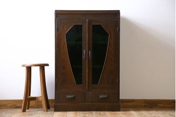 和製アンティーク　グリーンの色ガラス入り!レトロな佇まいが魅力的な本箱(ブックケース、収納棚、ガラス戸棚)(R-048873)