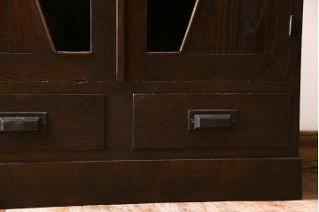 和製アンティーク　グリーンの色ガラス入り!レトロな佇まいが魅力的な本箱(ブックケース、収納棚、ガラス戸棚)(R-048873)