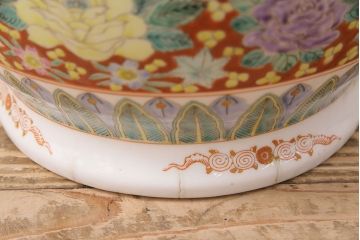 アンティーク雑貨　多彩な花尽くしの図が華やかな十錦手の瀬戸火鉢(鉢カバー)(R-048896)