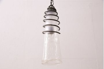 中古　アイアン　気泡ガラスがキラキラ輝くペンダント照明(天井照明、吊り下げ照明、シェード)(R-048905)