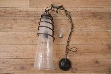 中古　アイアン　気泡ガラスがキラキラ輝くペンダント照明(天井照明、吊り下げ照明、シェード)(R-048905)