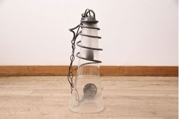 中古　アイアン　気泡ガラスがキラキラ輝くペンダント照明(天井照明、吊り下げ照明、シェード)(R-048906)