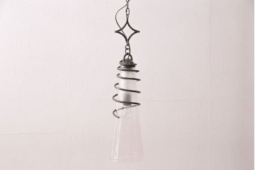 中古　アイアン　気泡ガラスがキラキラ輝くペンダント照明(天井照明、吊り下げ照明、シェード)(R-048906)