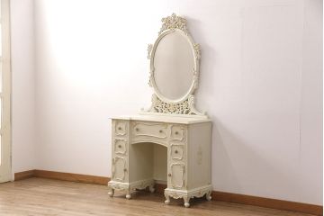 中古　イギリス製　ロココ様式　華やかなバラの装飾が印象的な可愛らしいドレッサー(定価約45万円)(鏡台)(R-049022)