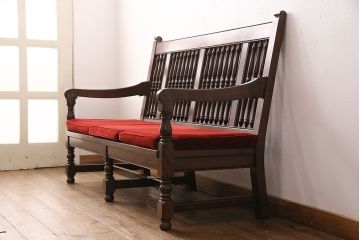 中古　美品　松本民芸家具　上品な佇まいが魅力のD型布張り椅子(ベンチ、ソファ、3人掛けソファ)(定価約55万円)(R-049057)