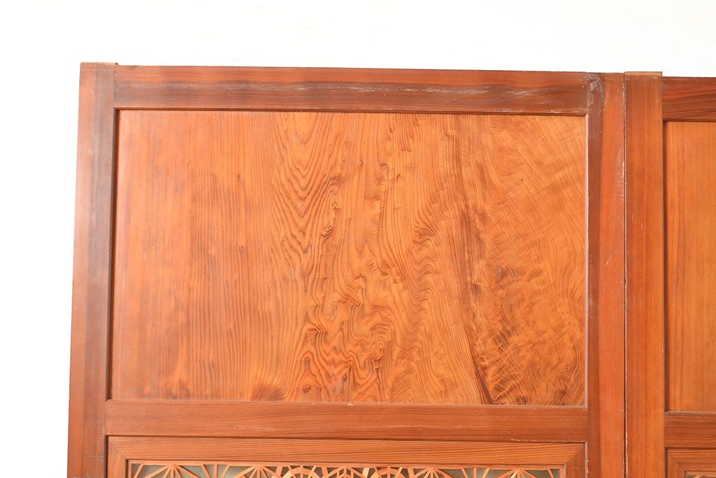 アンティーク建具　板部一枚板　芸術品のように美しい組子が目を惹く帯戸2枚セット(ガラス帯戸、組子帯戸、引き戸、建具)(R-049094)