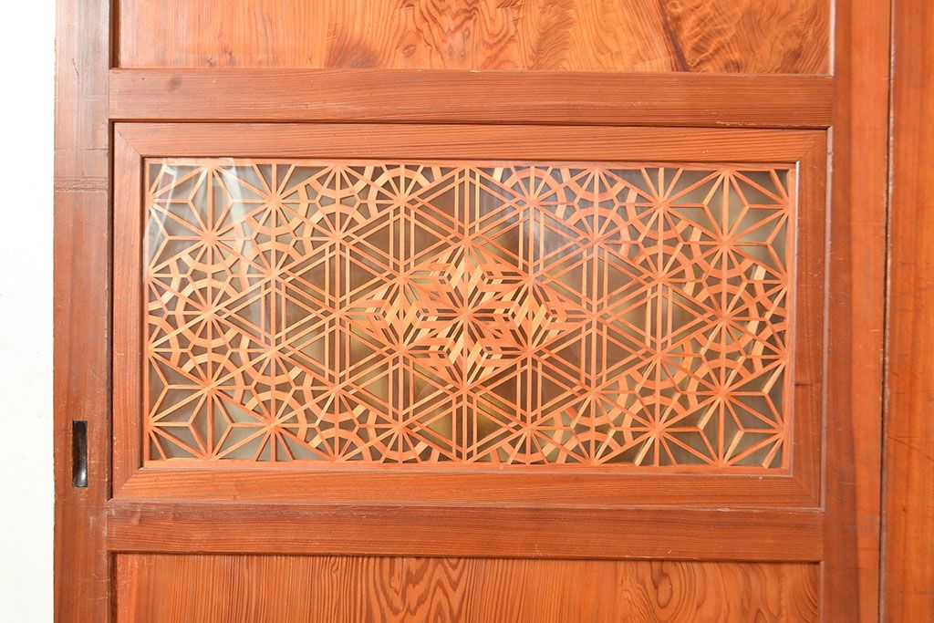 アンティーク建具　板部一枚板　芸術品のように美しい組子が目を惹く帯戸2枚セット(ガラス帯戸、組子帯戸、引き戸、建具)(R-049094)