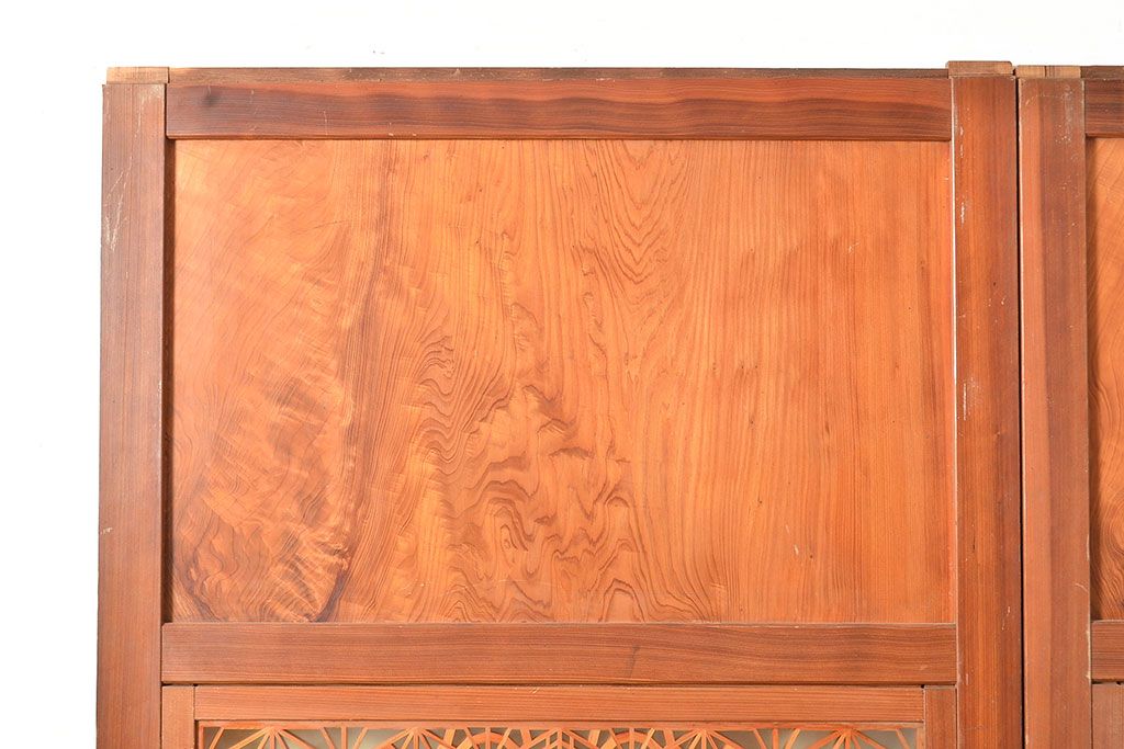 アンティーク建具　板部一枚板　芸術品のように美しい組子が目を惹く帯戸2枚セット(ガラス帯戸、組子帯戸、引き戸、建具)(R-049094)