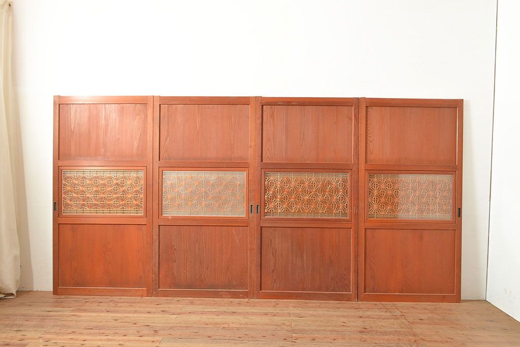 和製アンティーク　美しく繊細な組子細工が上品な印象を与える帯戸4枚セット(ガラス帯戸、建具、引き戸)(R-049099)