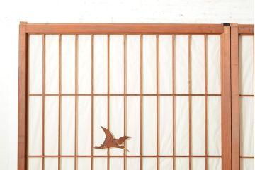 アンティーク建具　鶴亀・松竹梅　縁起物の細工が魅力の障子戸3枚セット(建具、引き戸)(R-049157)