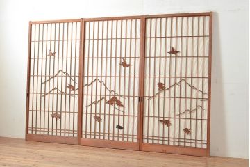 アンティーク建具　鶴亀・松竹梅　縁起物の細工が魅力の障子戸3枚セット(建具、引き戸)(R-049157)