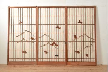 アンティーク建具　鶴亀・松竹梅　縁起物の細工が魅力の障子戸3枚セット(建具、引き戸)(R-049157)