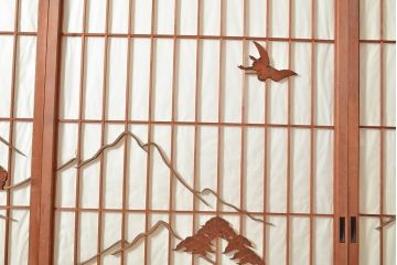 アンティーク建具　鶴亀・松竹梅　縁起物の細工が魅力の障子戸3枚セット(建具、引き戸)(R-049157)