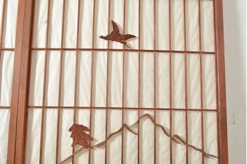 アンティーク建具　鶴亀・松竹梅　縁起物の細工が魅力の障子戸3枚セット(建具、引き戸)(R-049157)