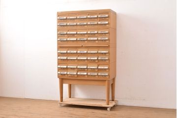 レトロ家具　昭和レトロ　KIHARA　小物収納にうってつけのナラ材製ネームプレート付きカードケース(引き出し、チェスト、図書館、図書室)(R-049165)
