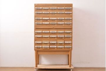 レトロ家具　昭和レトロ　KIHARA　小物収納にうってつけのナラ材製ネームプレート付きカードケース(引き出し、チェスト、図書館、図書室)(R-049165)