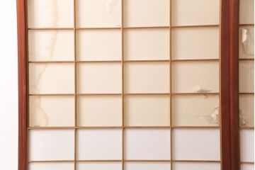 アンティーク建具　経年による風合いが情緒溢れる雪見障子戸2枚セット(摺り上げ障子戸、引き戸、擦り上げ障子戸、擦上障子戸、建具)(R-049196)