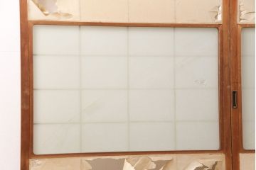 アンティーク建具　経年による風合いが情緒溢れる雪見障子戸2枚セット(摺り上げ障子戸、引き戸、擦り上げ障子戸、擦上障子戸、建具)(R-049196)