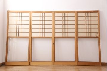 アンティーク建具　日本風情が感じられる雪見障子戸4枚セット(摺り上げ障子戸、引き戸、擦り上げ障子戸、擦上障子戸、建具)(R-049199)