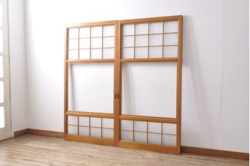 ヴィンテージ建具　昭和レトロ　すりガラス入り　昔懐かしい雰囲気が魅力のガラス戸2枚セット(引き戸、建具)(R-049209)