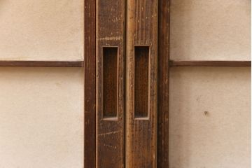 アンティーク建具　小さな障子戸付き　季節の移ろいを感じることができる雪見障子戸2枚セット(引き戸、擦り上げ障子戸、擦上障子戸、建具)(R-049213)