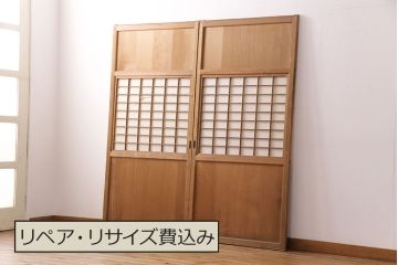 アンティーク建具　明るい木色がぬくもり溢れる障子帯戸2枚セット(障子戸、格子戸、板戸、引き戸、建具)(R-049214)