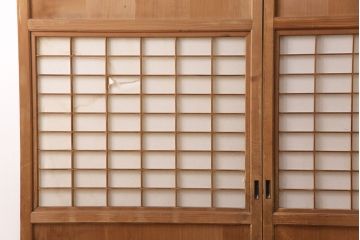 アンティーク建具　明るい木色がぬくもり溢れる障子帯戸2枚セット(障子戸、格子戸、板戸、引き戸、建具)(R-049214)