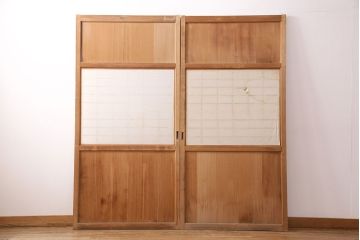 アンティーク建具　明るい木色がぬくもり溢れる障子帯戸2枚セット(障子戸、格子戸、板戸、引き戸、建具)(R-049214)