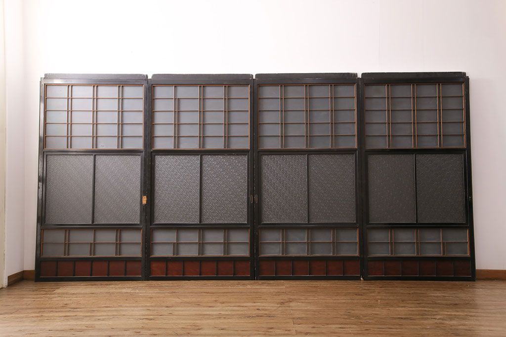 和製アンティーク　秋田県産　腰板ケヤキ材　レトロな空間づくりにおすすめなガラス戸4枚セット(引き戸、建具)(R-049226)