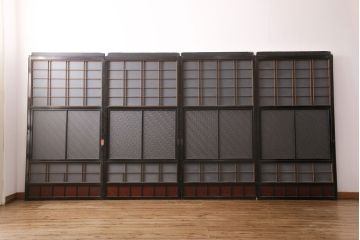 和製アンティーク　秋田県産　腰板ケヤキ材　レトロな空間づくりにおすすめなガラス戸4枚セット(引き戸、建具)(R-049226)