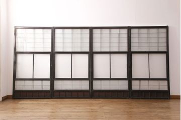 和製アンティーク　秋田県産　腰板ケヤキ材　レトロな空間づくりにおすすめなガラス戸4枚セット(引き戸、建具)(R-049226)