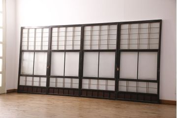 和製アンティーク　秋田県産　腰板ケヤキ材　落ち着きあるレトロな空間づくりにおすすめなガラス戸4枚セット(引き戸、建具)(R-049227)