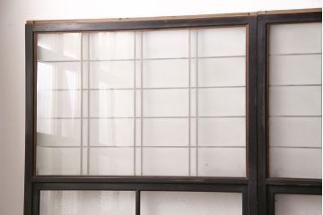 和製アンティーク　秋田県産　腰板ケヤキ材　落ち着きあるレトロな空間づくりにおすすめなガラス戸4枚セット(引き戸、建具)(R-049227)