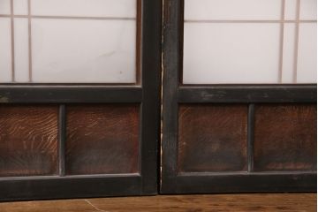 和製アンティーク　秋田県産　腰板ケヤキ材　落ち着きあるレトロな空間づくりにおすすめなガラス戸4枚セット(引き戸、建具)(R-049227)