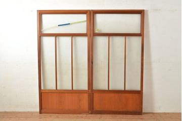 ヴィンテージ建具　昭和中期　銀モールガラス　温かみある色合いで空間を明るくしてくれるガラス戸2枚セット　(R-049274)