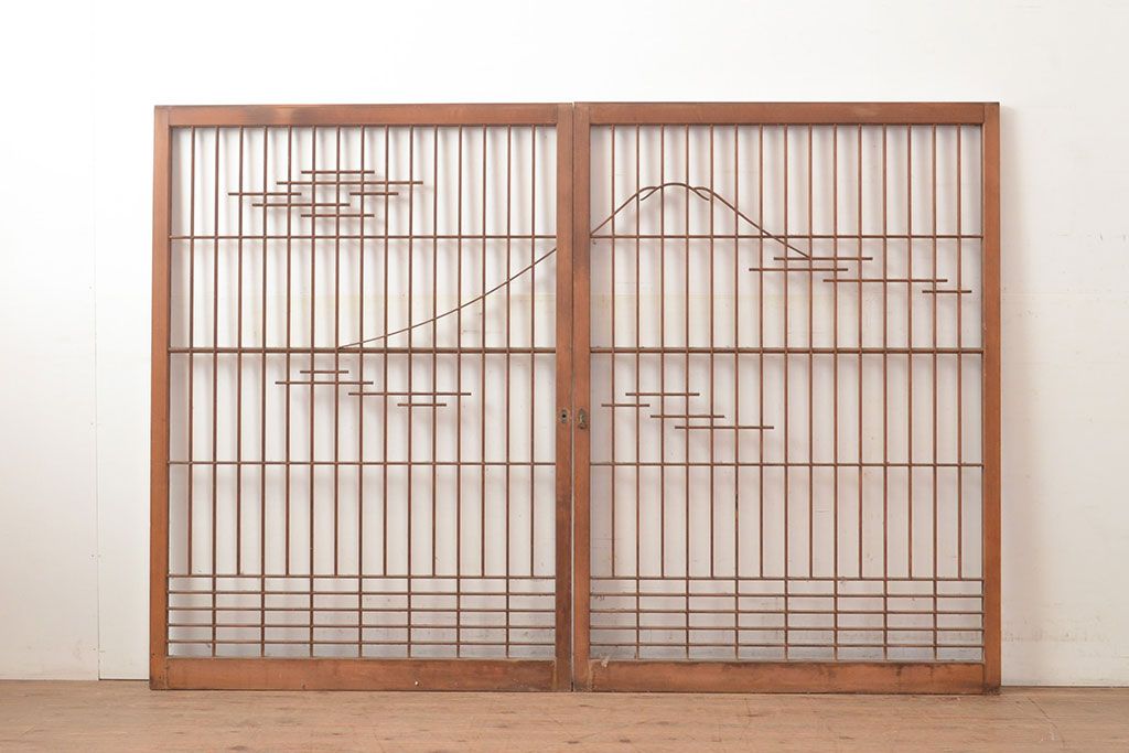 ヴィンテージ建具　昭和中期　富士山の図柄が魅力!和の趣あふれる書院戸2枚セット　(R-049288)