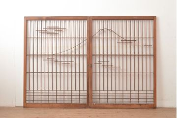 ヴィンテージ建具　昭和中期　富士山の図柄が魅力!和の趣あふれる書院戸2枚セット　(R-049288)