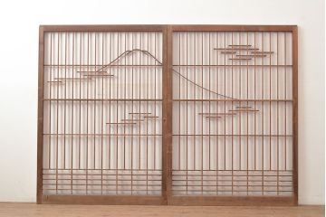 ヴィンテージ建具　昭和中期　富士山の図柄が魅力!和の趣あふれる書院戸2枚セット　(R-049288)