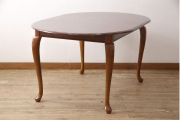中古　マホガニー材　突き板　パーケット天板とカブリオールレッグが魅力のエクステンションテーブル(センターテーブル、ダイニングテーブル)(R-049329)
